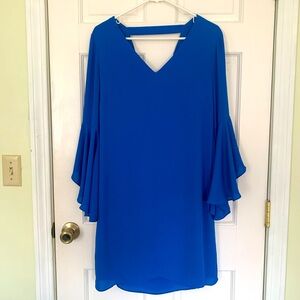 Blue mini dress with trumpet sleeves